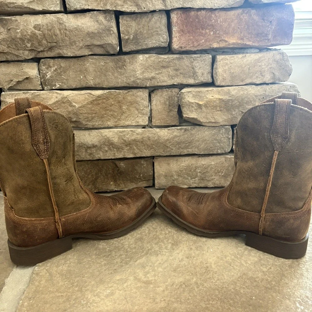 Ariat Youth Rambler Brown Leather Square Toe Western Boots Size 3